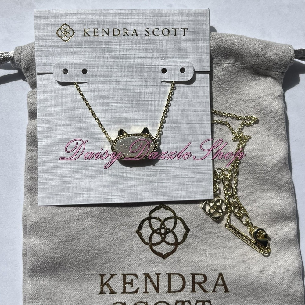 🤍✨Kendra Scott Elisa Cat Pendant Necklace Iridescent Drusy Gold New 🐈